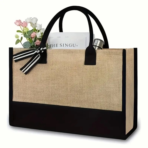 Letter Embroidered Jute Satchel Bag Large - Picture 2 of 9